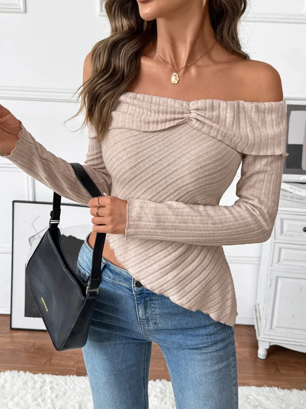 Asymmetrical Off-Shoulder Knit Top, image 5