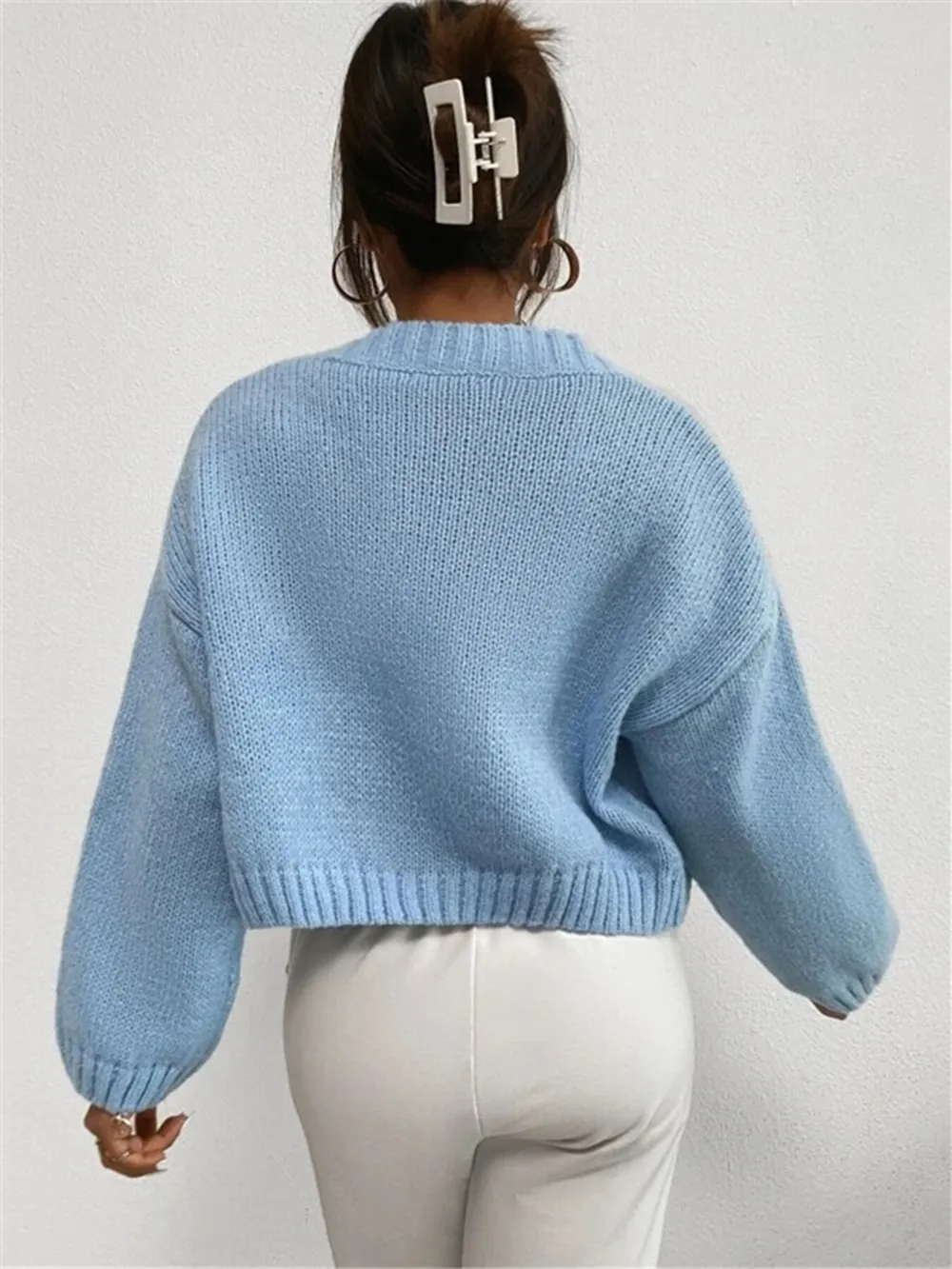 Contrast Cloud Pattern Cropped Button-Up Cardigan, image 8