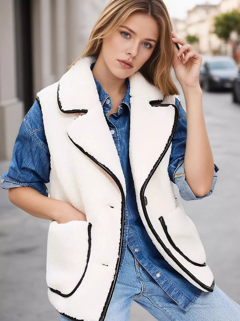 Sherpa Fleece Vest Coat with Contrast Trim, image 2