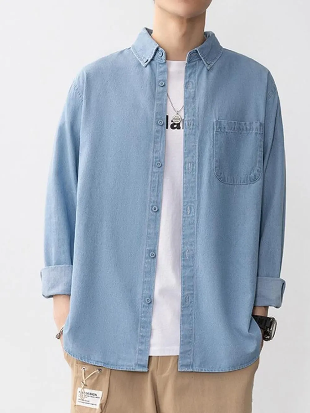 Men's Plus Size Button Up Long Sleeve Denim Shirt, image 7