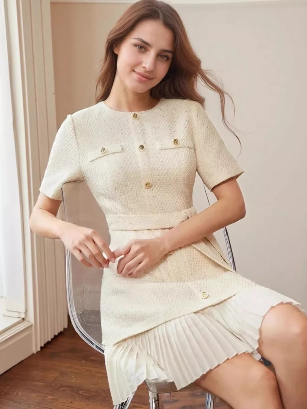 Pleated Hem Round Neck Dress, image 4