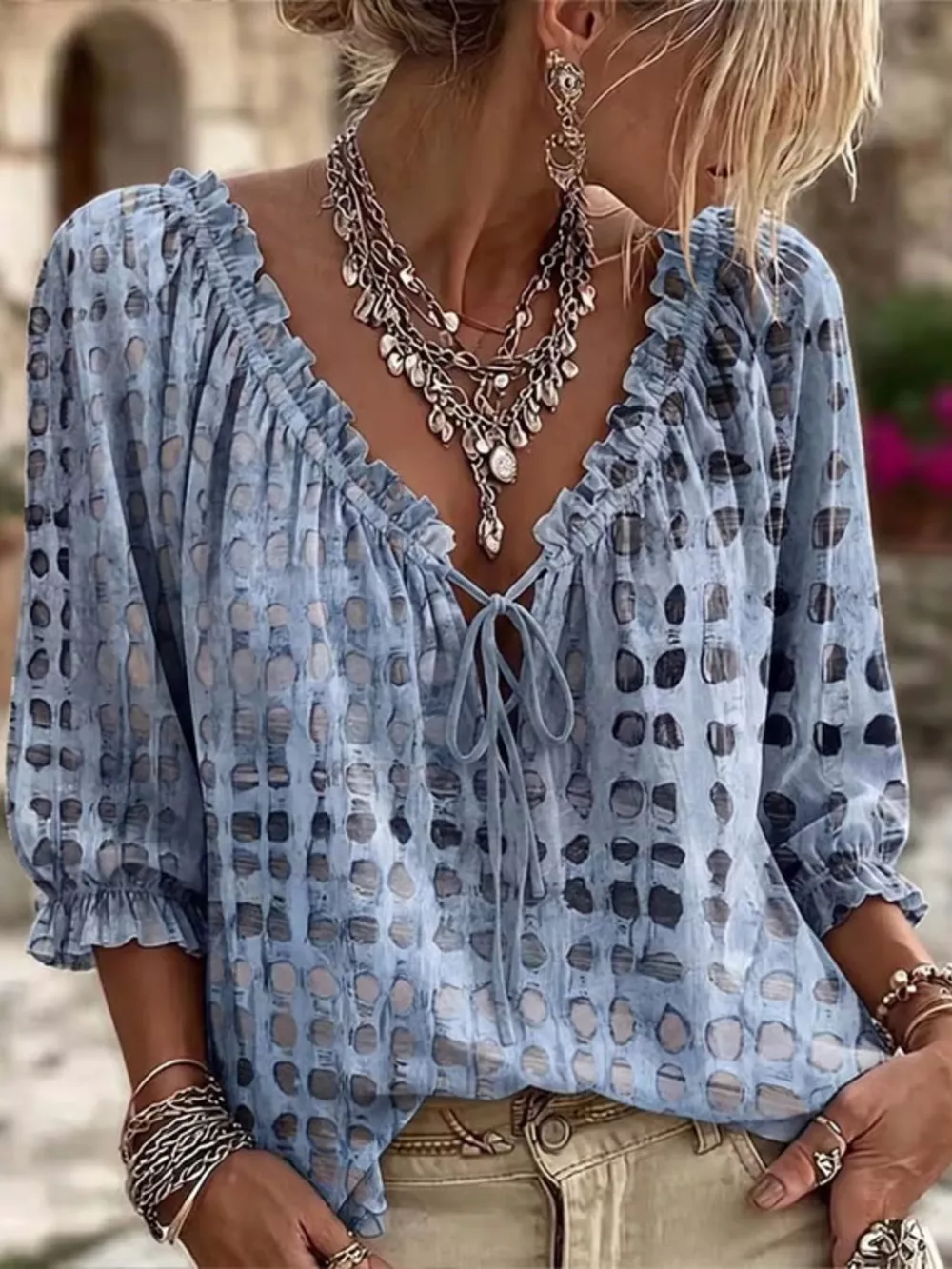 Full Size Tie Neck 3/4 Sleeve Blouse Plus Size, image 5