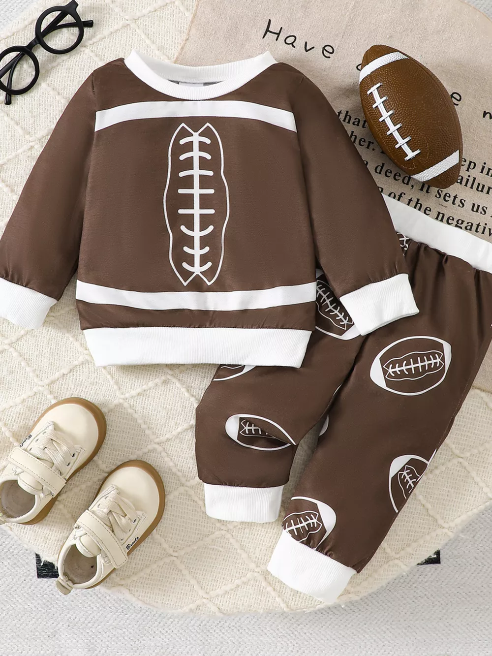 Children's Football Print Round Neck Top & Pants Set