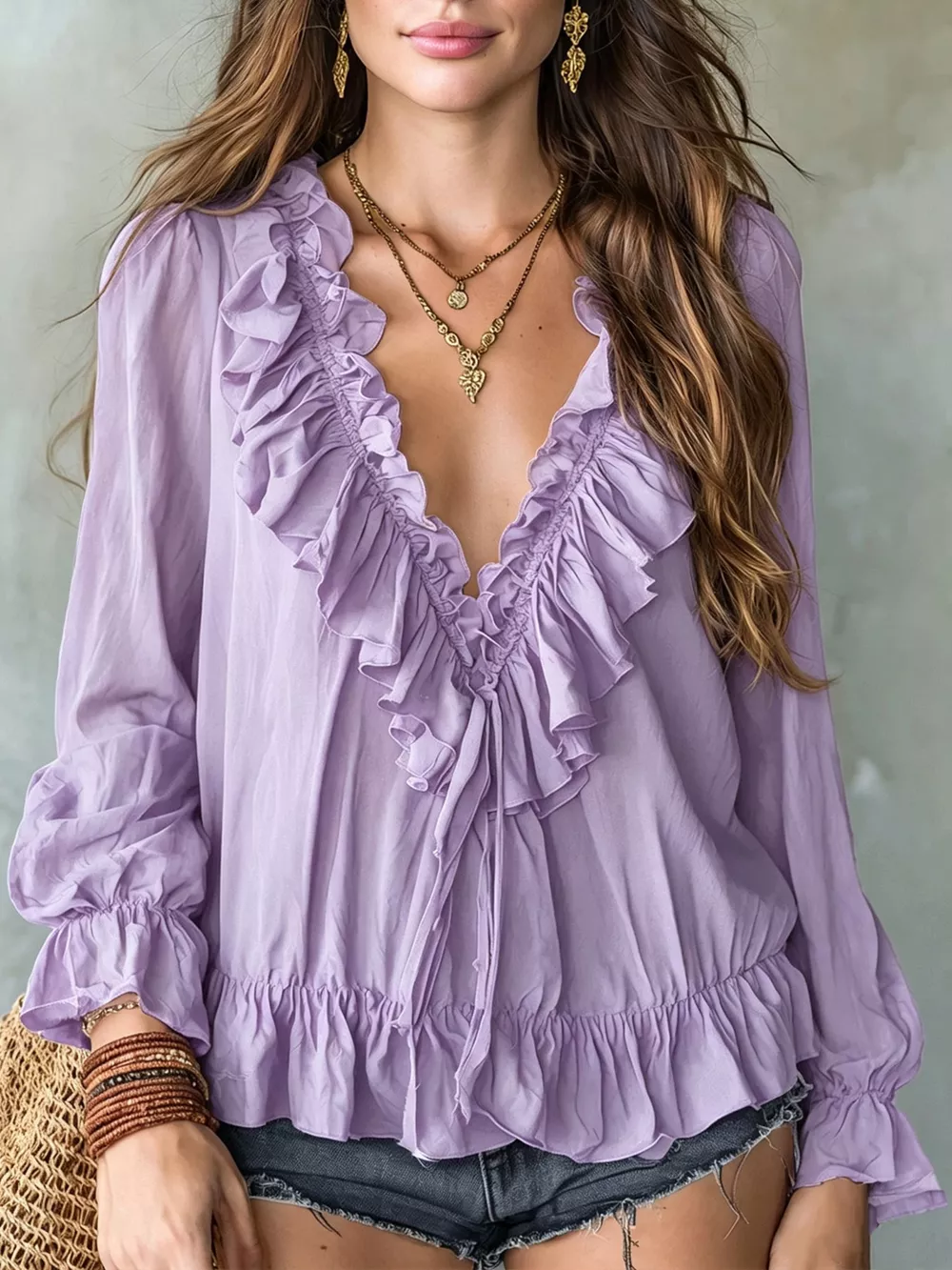 Ruffle V-Neck Long Sleeve Blouse, image 16