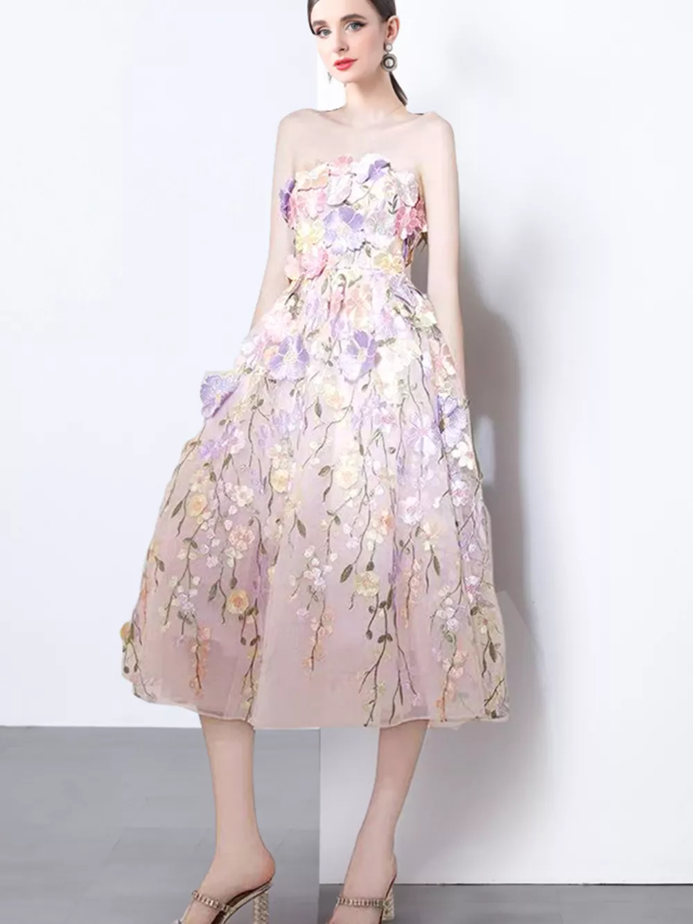 Strapless Floral Applique Midi Dress, image 8