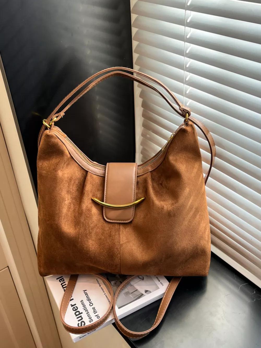 Convertible Suede Backpack Bag with Metal Accent, image 2