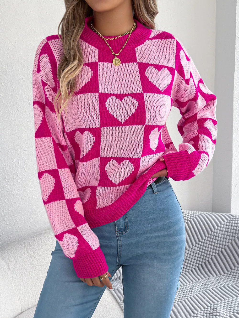 Heart Checkerboard Pattern Round Neck Sweater, image 10