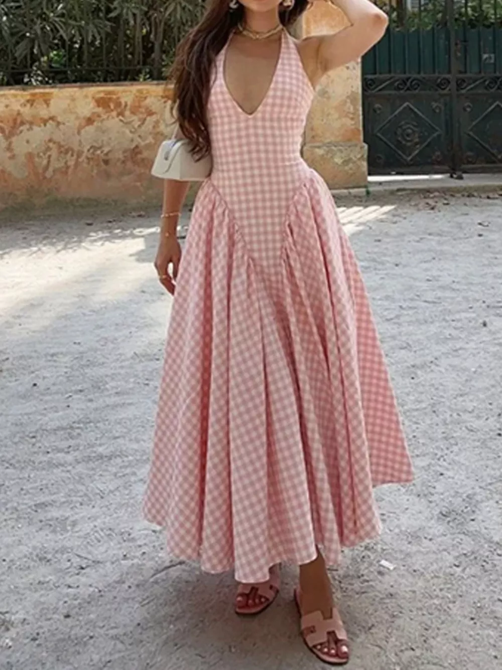 Full Size Gingham Halter Neck Maxi Dress Plus Size
