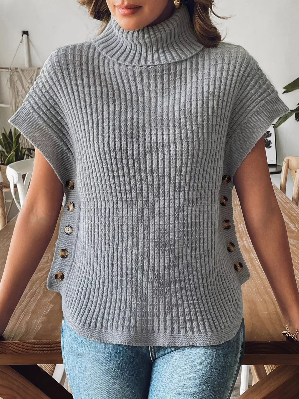 Ribbed Turtleneck Sweater with Side Button Detail, image 5