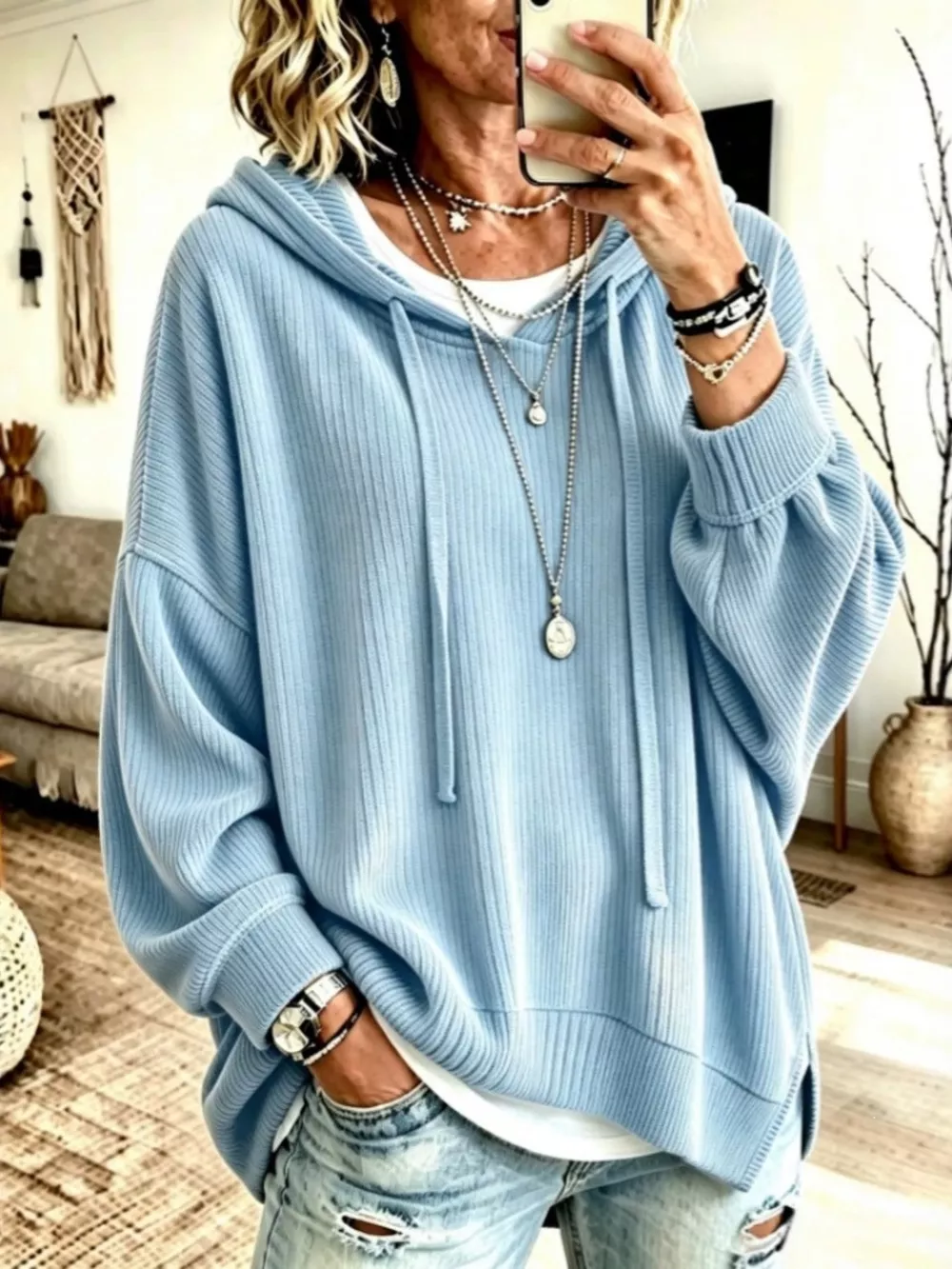 Drawstring Ribbed Knit Hoodie, image 4