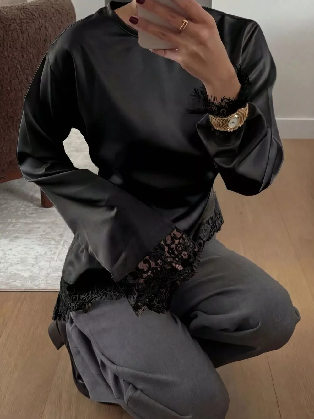 Satin Lace Trim Flare Sleeve Blouse, image 7