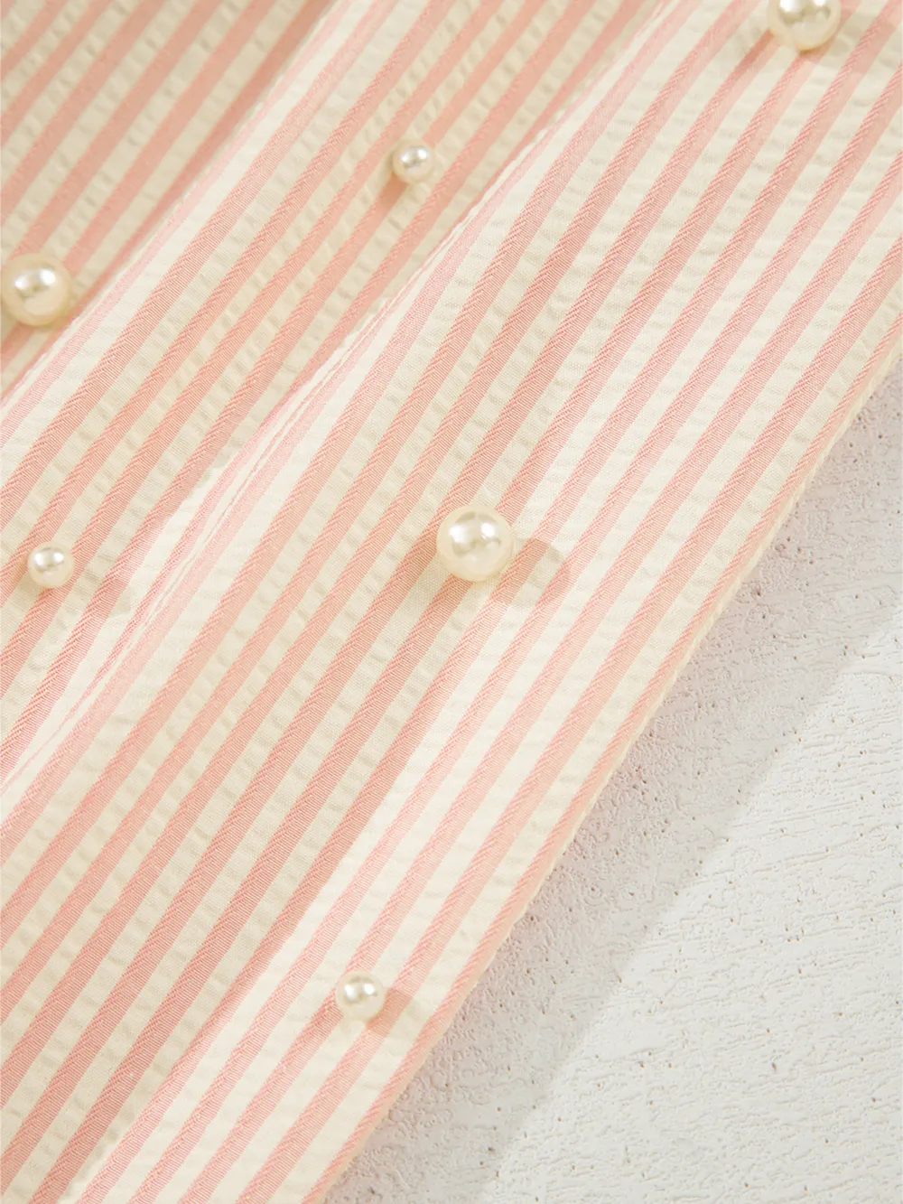 Stripe Bow Knot Cuff Pearl Embellished Puff Sleeve V Neck Blouse, image 6