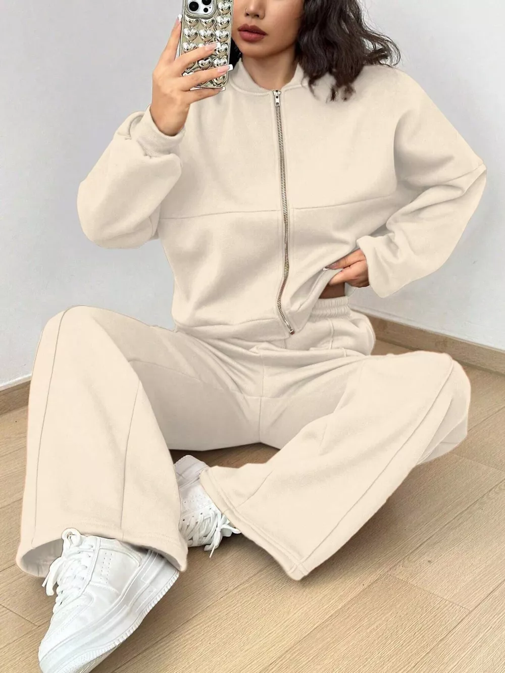Casual Solid Color Zipper Jacket and Wide Leg Pants Set