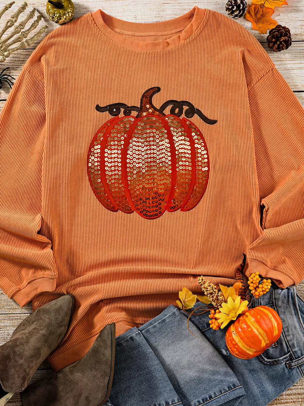 Halloween Sequined Pumpkin Ribbed Round Neck Sweatshirt, image 9