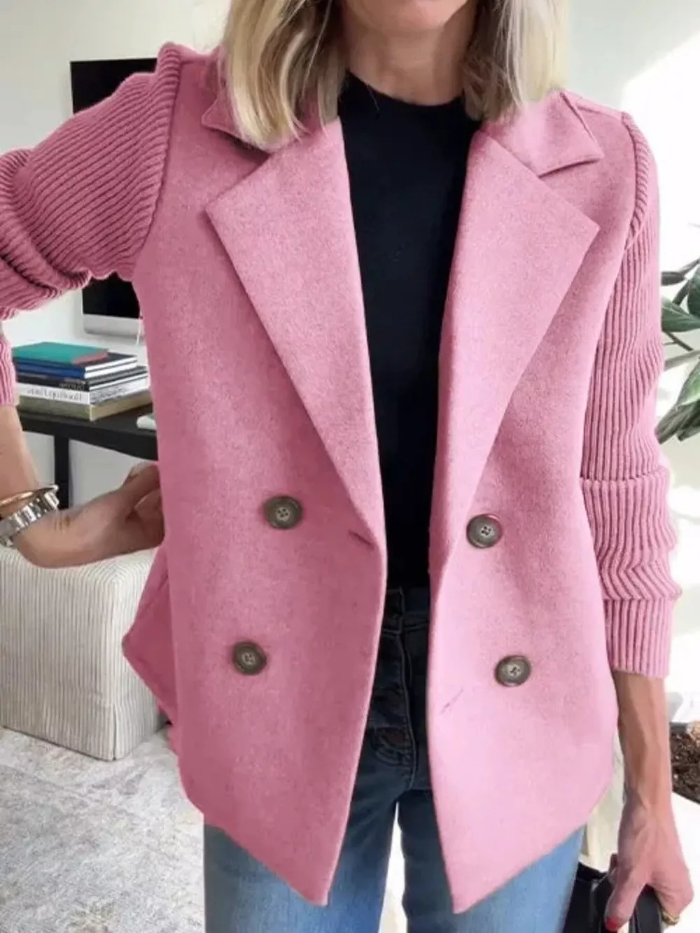 Full Size Knitted Sleeve Wool Blend Double-Breasted Blazer Plus Size, image 22