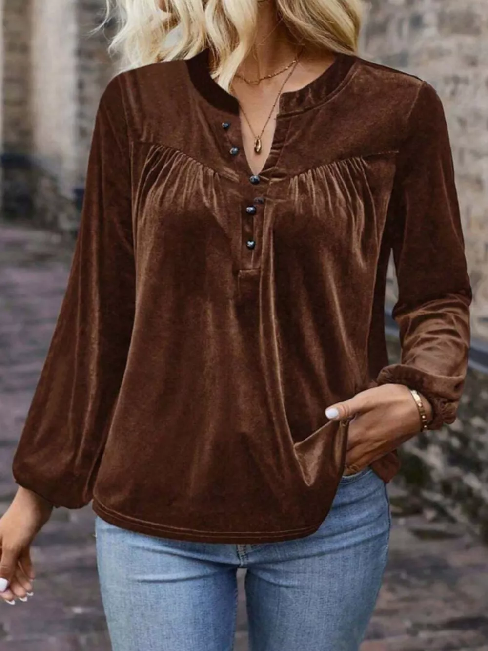 Velvet Notched Long Sleeve Blouse, image 7