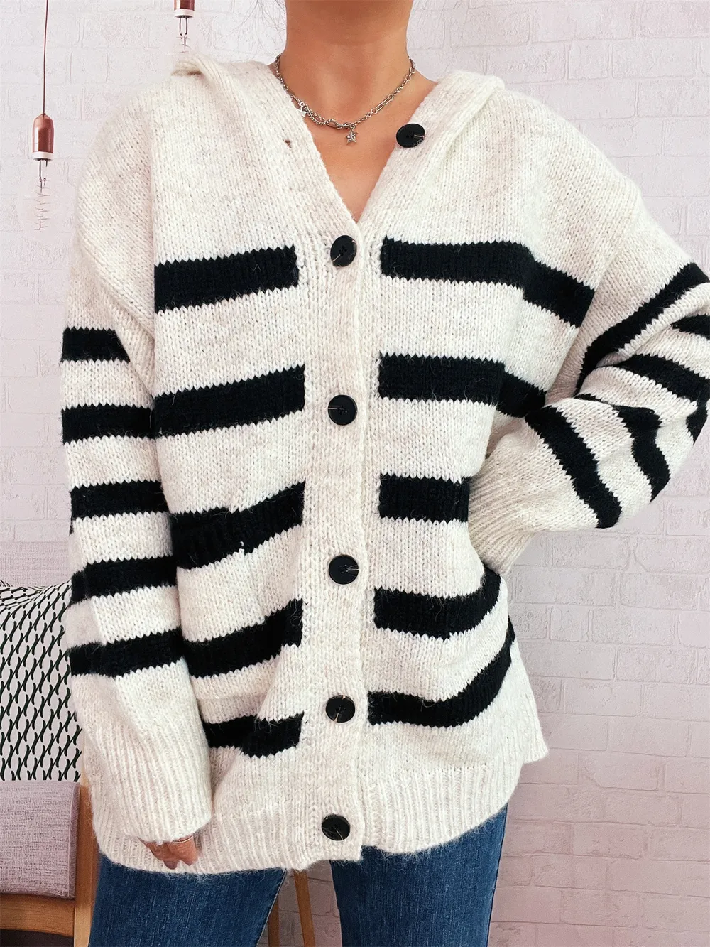 Striped Button-Up Hooded Cardigan, image 2