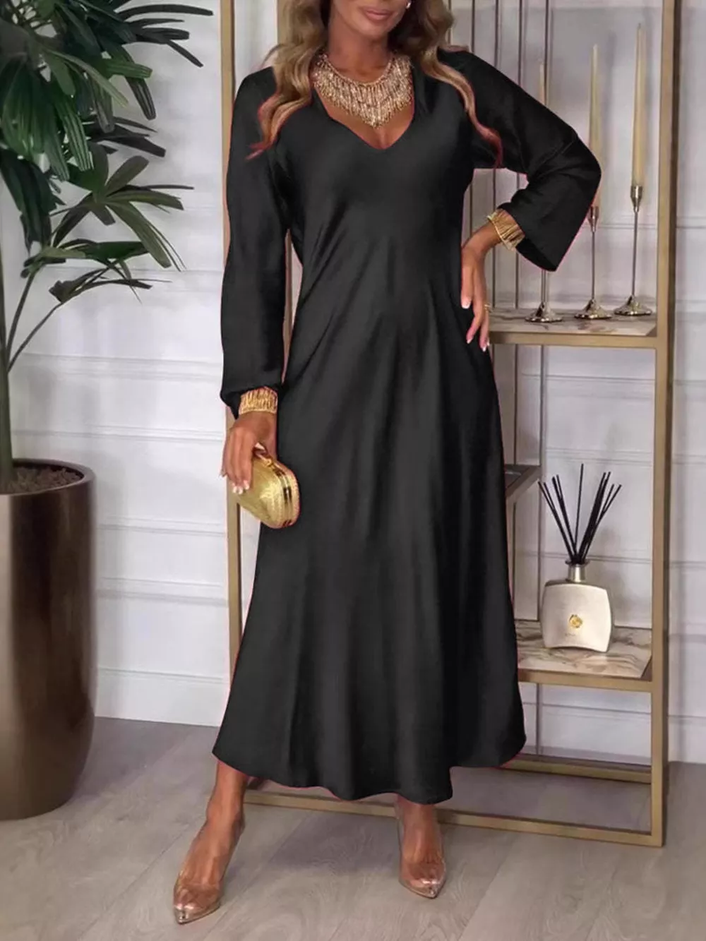 Full Size V-Neck Long Sleeve Midi Dress Plus Size, image 13
