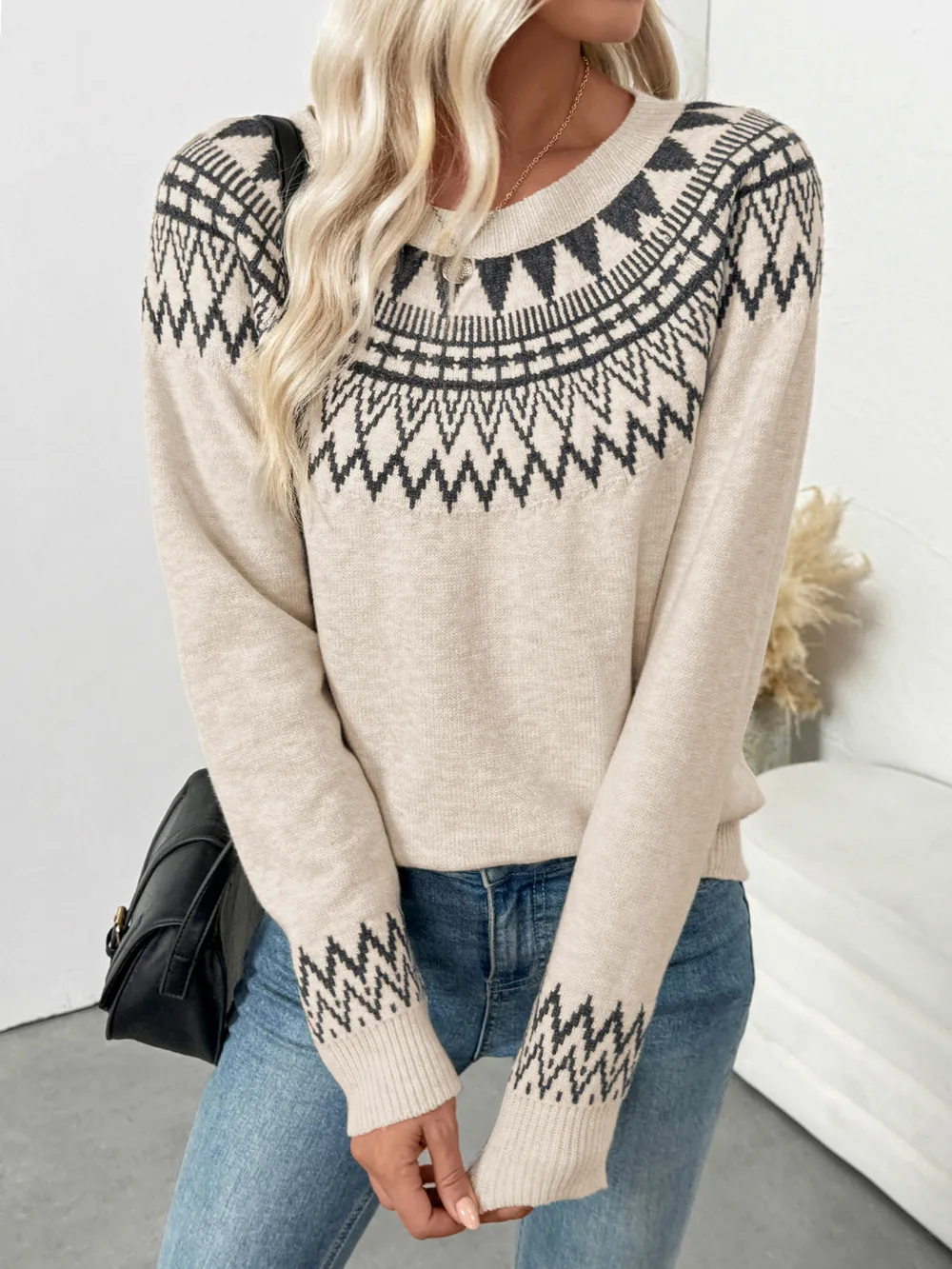 Nordic Fair Isle Pattern Round Neck Sweater, image 6