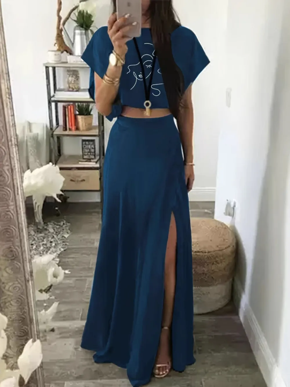 Round Neck Short Sleeve Top and Skirt Set, image 4