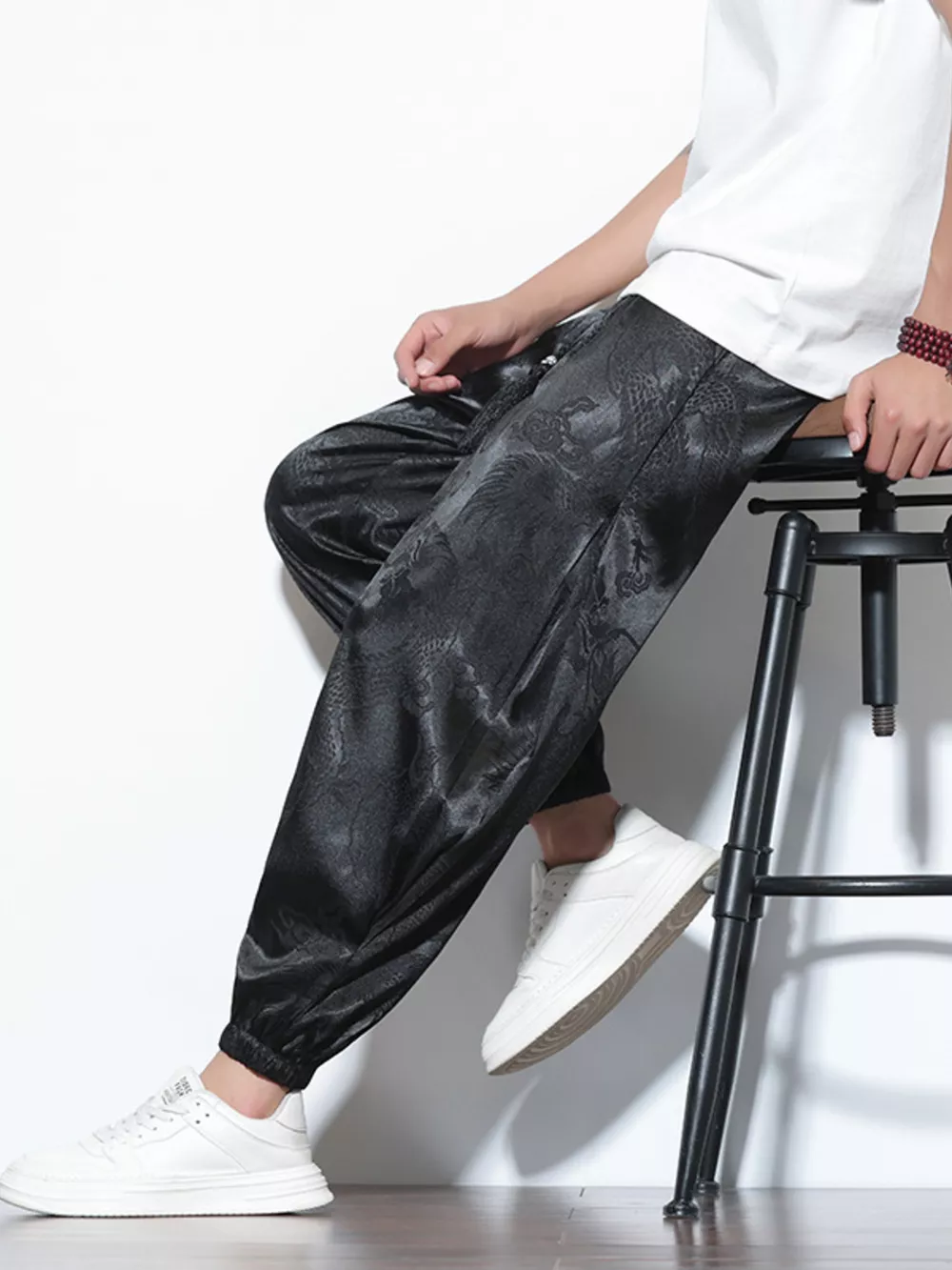 Men's Plus Size Dragon Pattern Silk Joggers, image 7