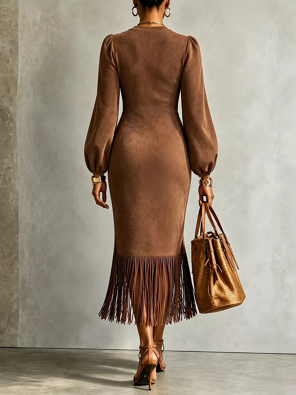Fringe Balloon Sleeve Midi Dress, image 4