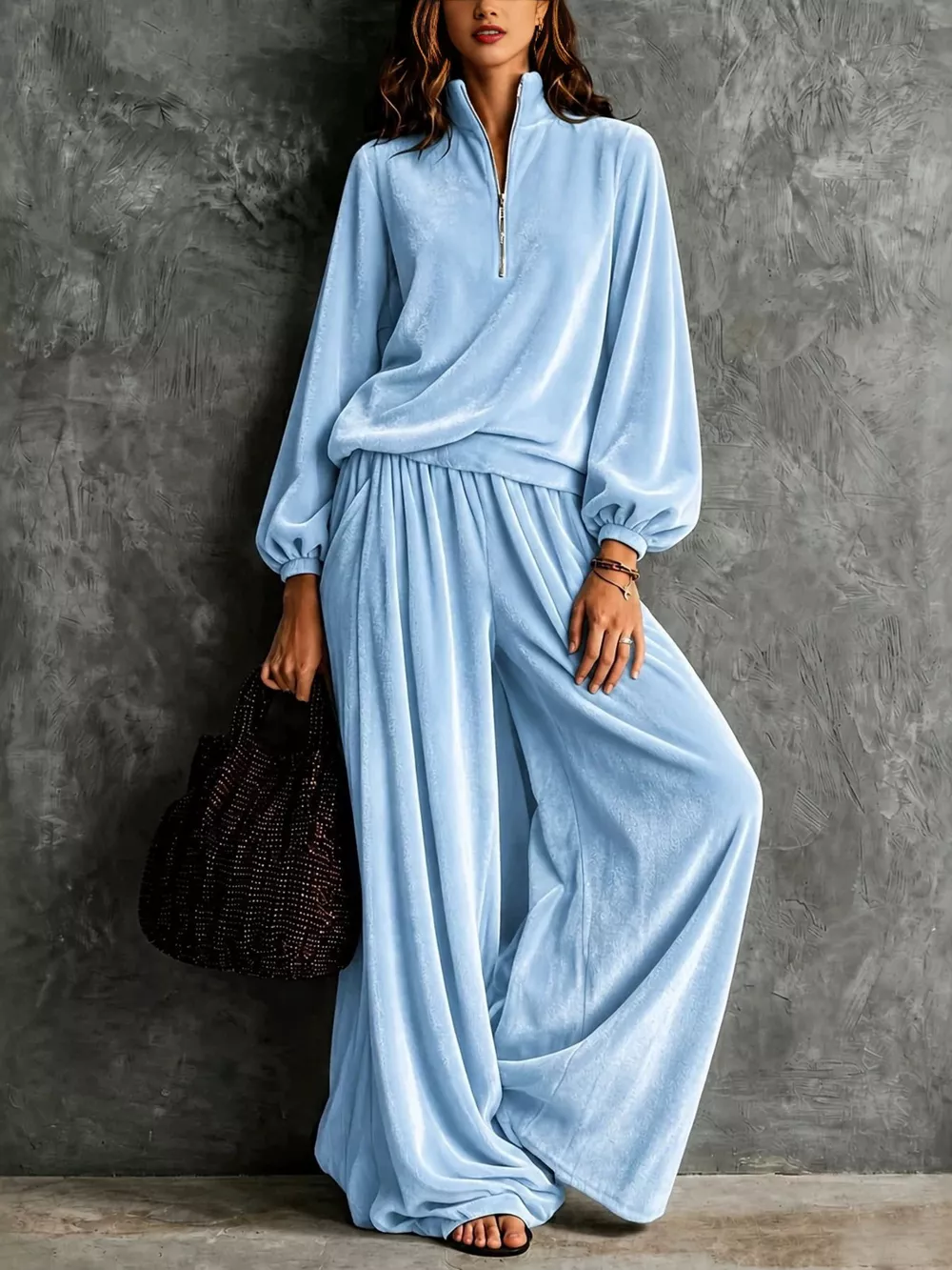 Quarter-Zip Sweatshirt and Wide-Leg Pants, image 2