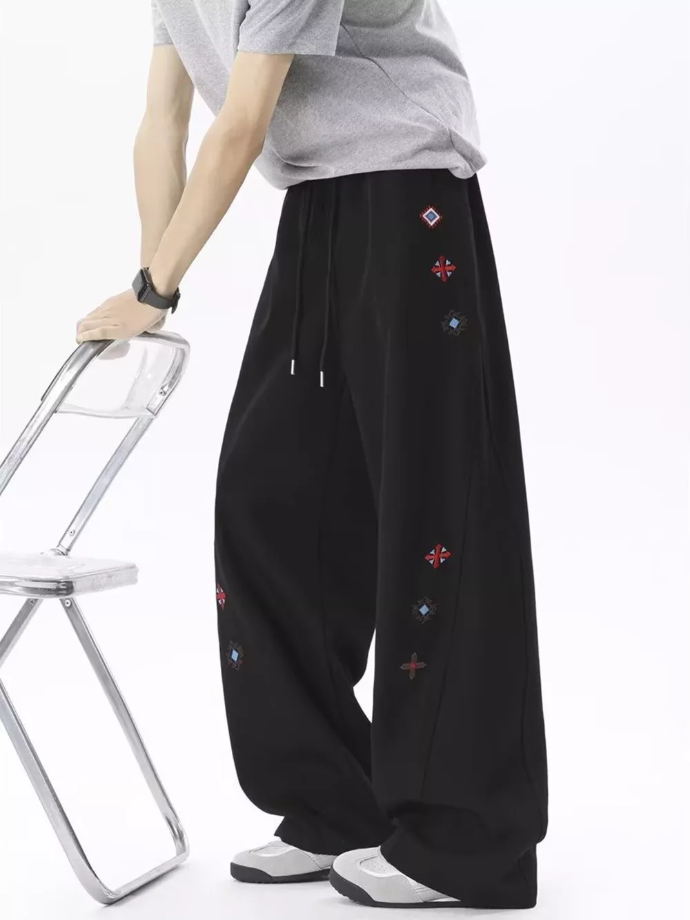 Men's Embroidered Wide-Leg Casual Pants