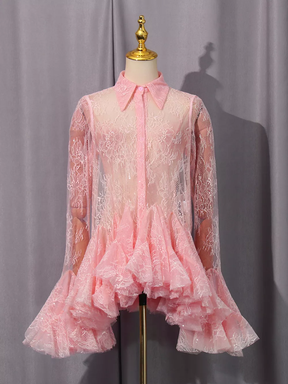Ruffled Hem Lace Long Sleeve Dress, image 2