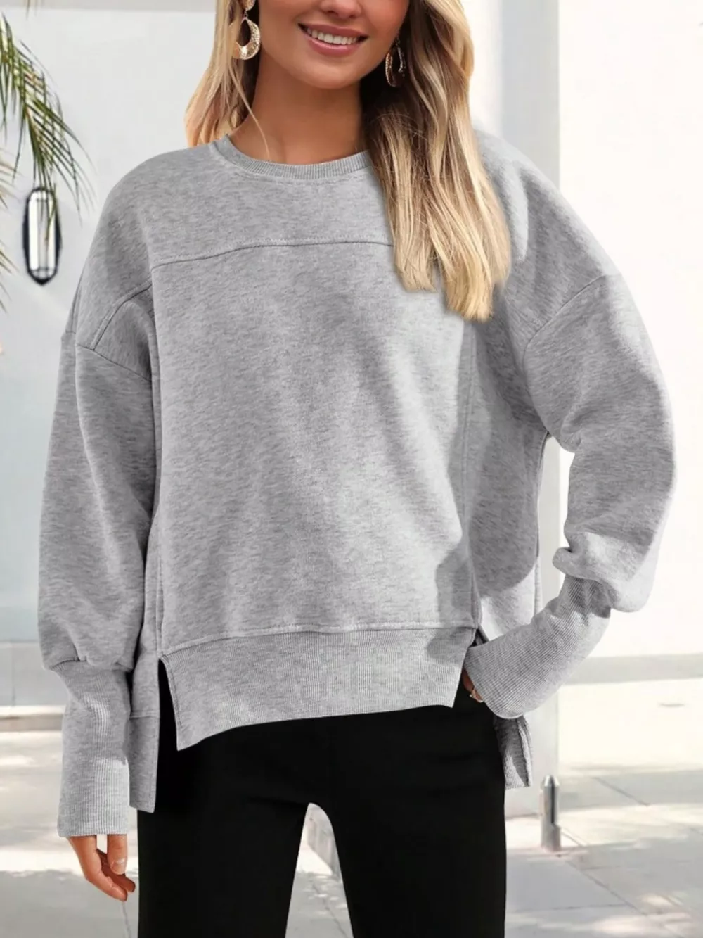 Slit Round Neck Dropped Shoulder Sweatshirt, image 19