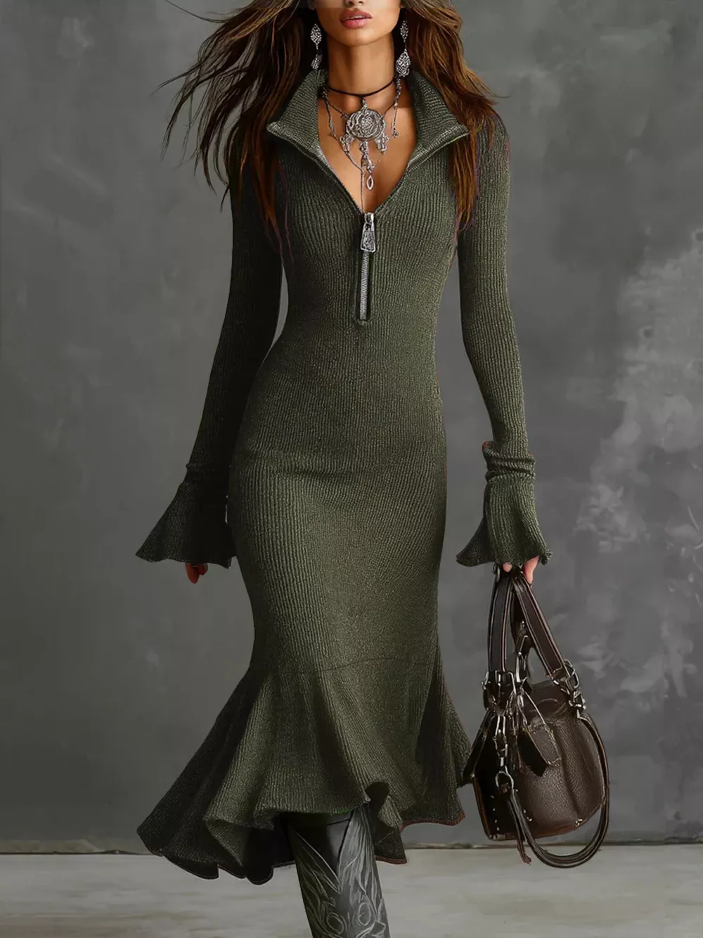 Ribbed Knit Zip Front Flare Hem Midi Dress, image 11