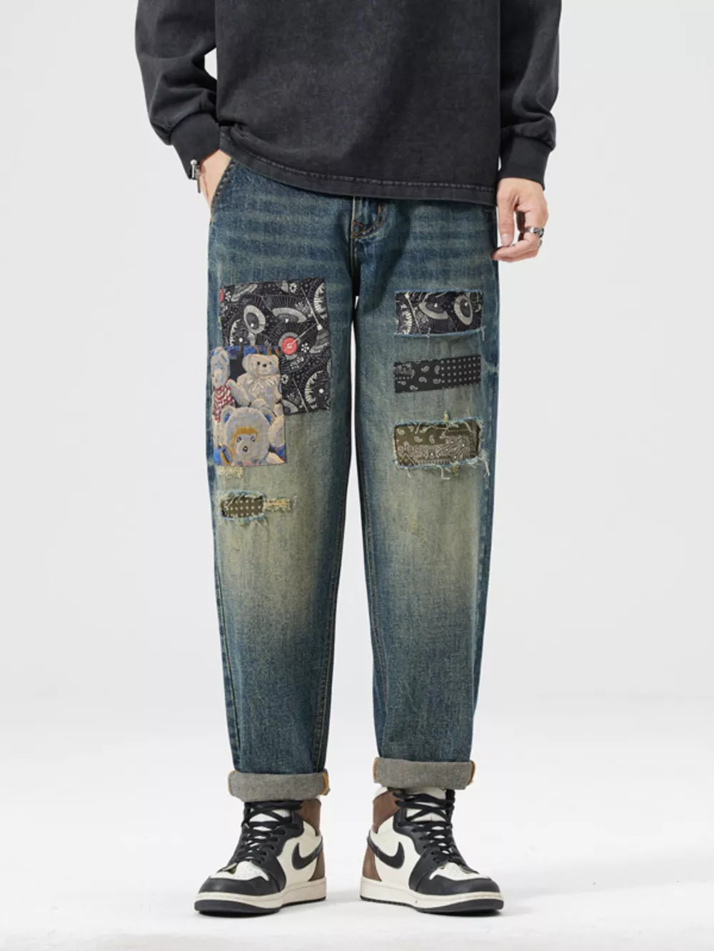 Men's Patchwork Ripped Loose Fit Jeans