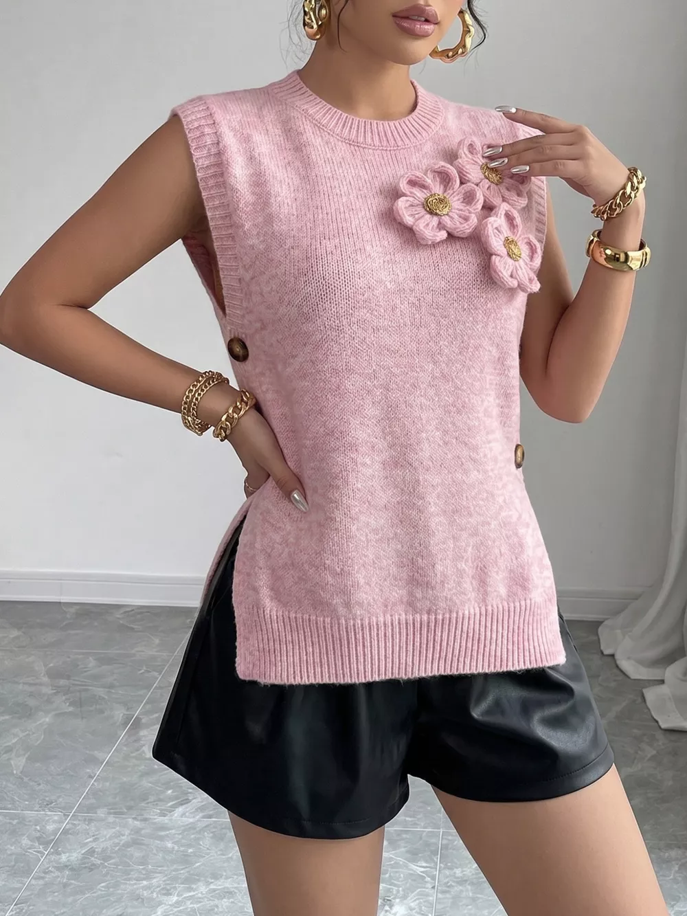 Side Button Sweater Vest with 3D Floral Appliques, image 4