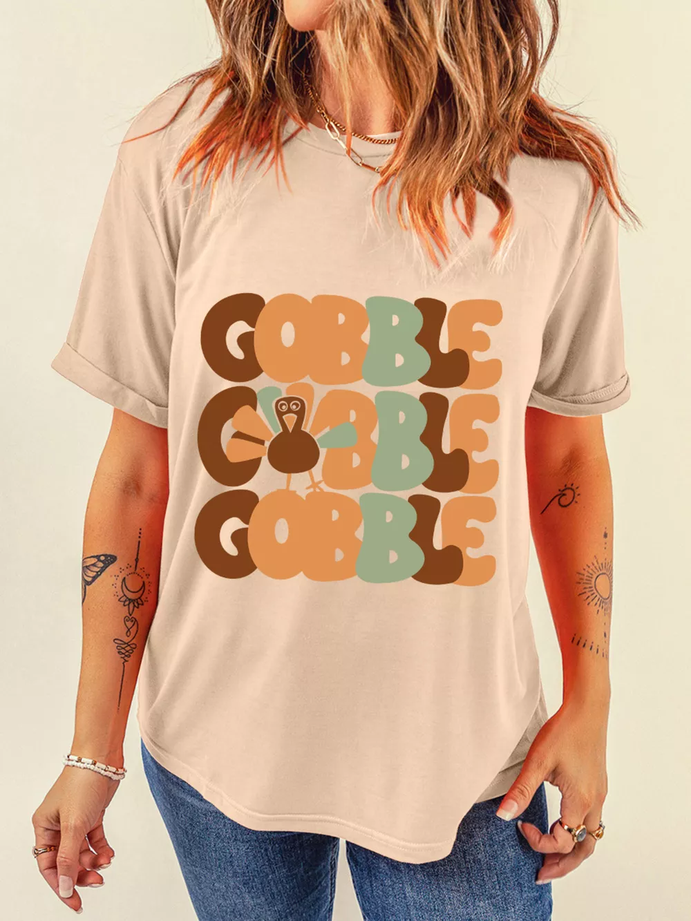 GOBBLE Turkey Graphic Thanksgiving Round Neck Tee, image 2