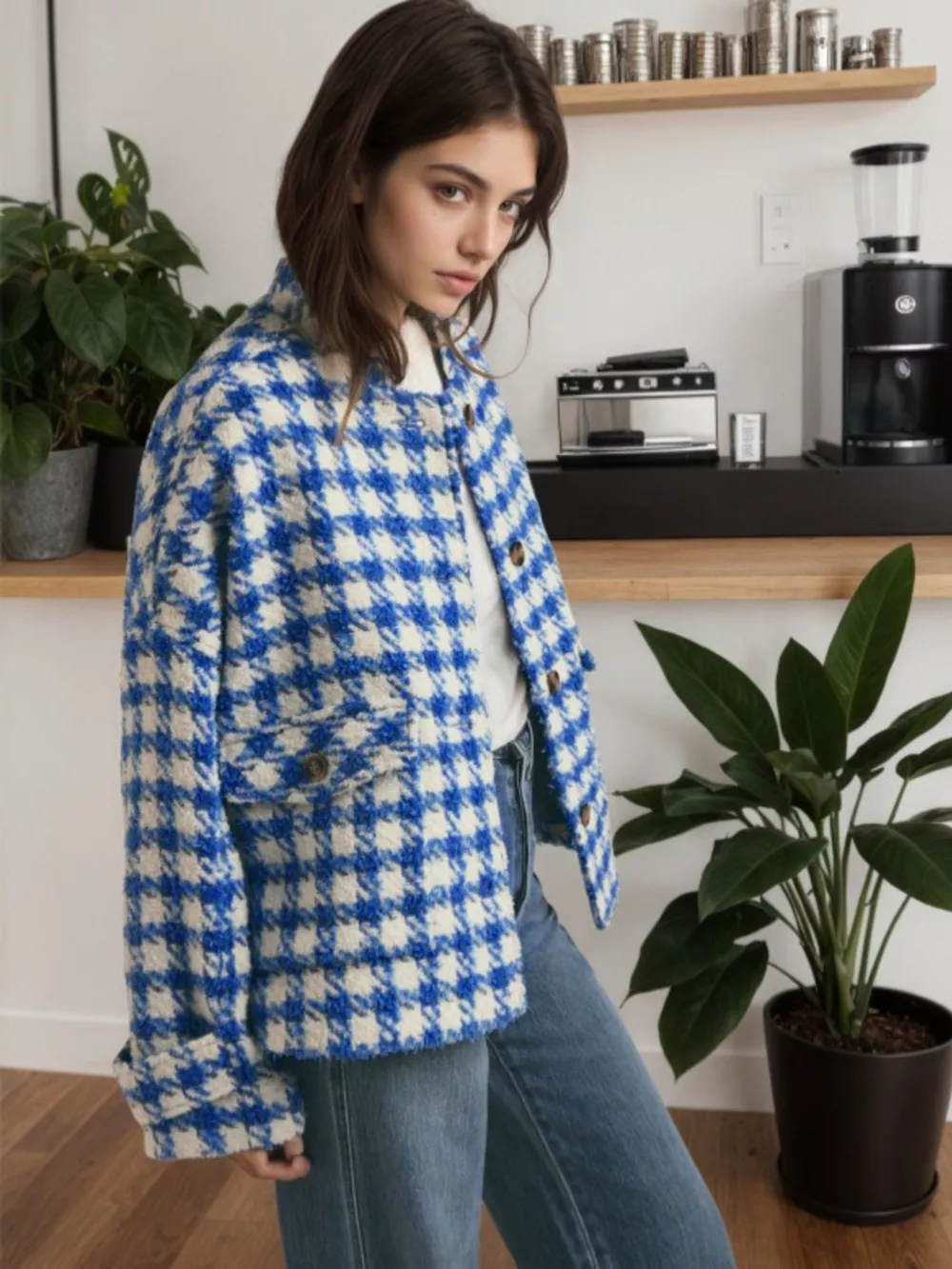 Houndstooth Button Up Long Sleeve Jacket, image 3