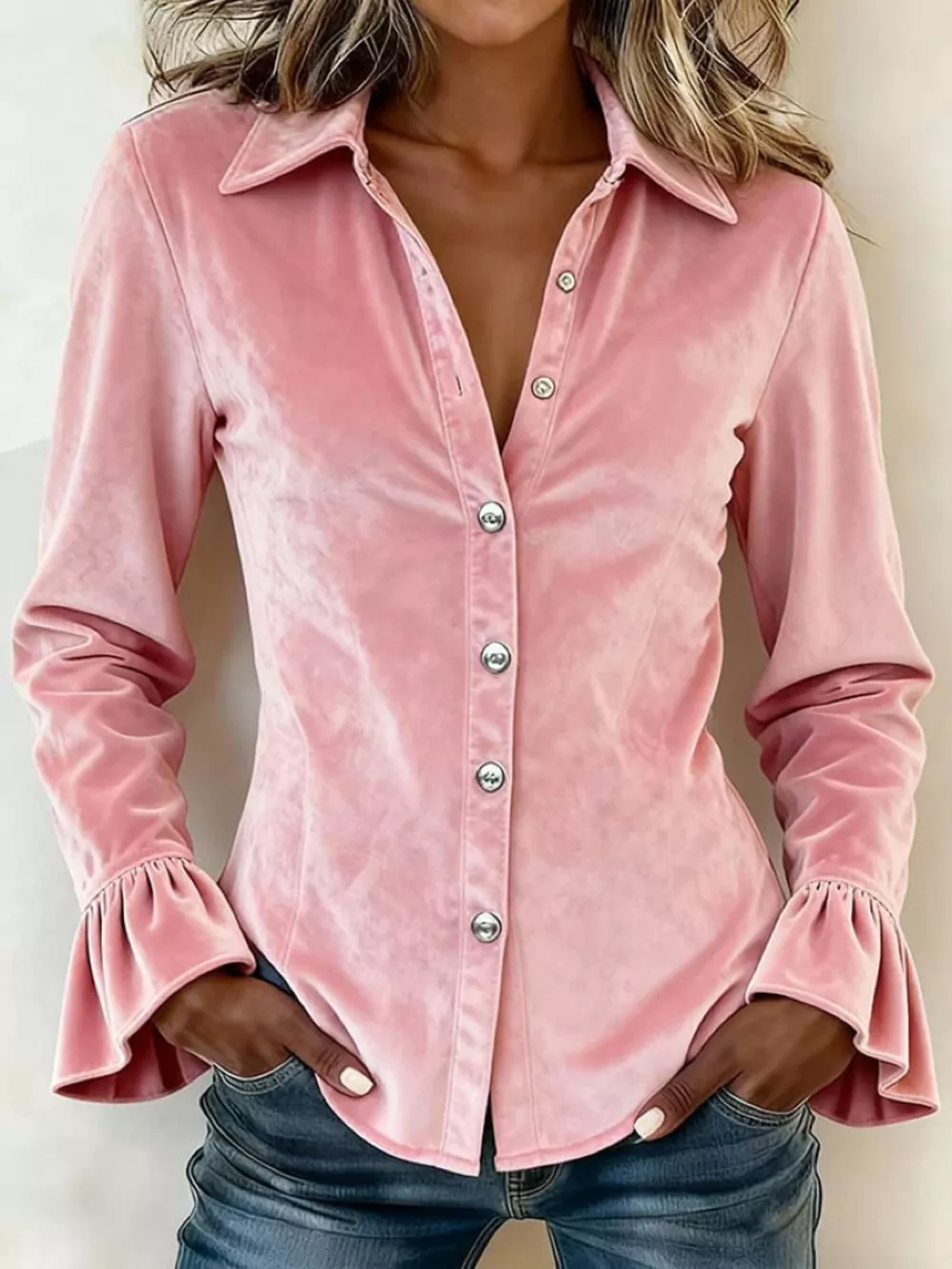 Velvet Button-Down Flounce Sleeve Shirt, image 2