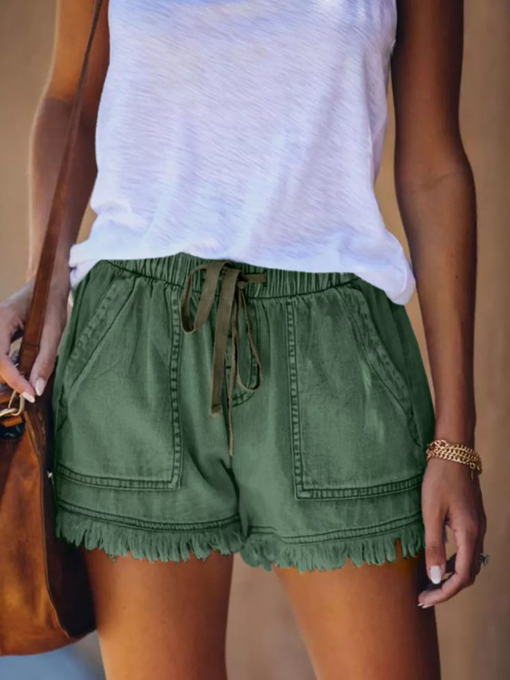 Full Size Drawstring Frayed Hem Denim Shorts Plus Size, image 9