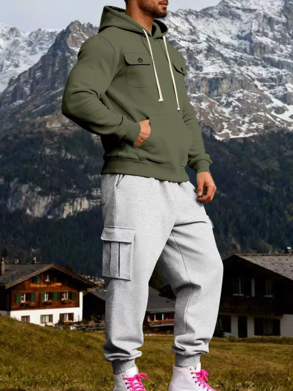 Men's Full Size Kangaroo Pocket Hoodie and Sweatpants Two-Piece Set Plus Size, image 2