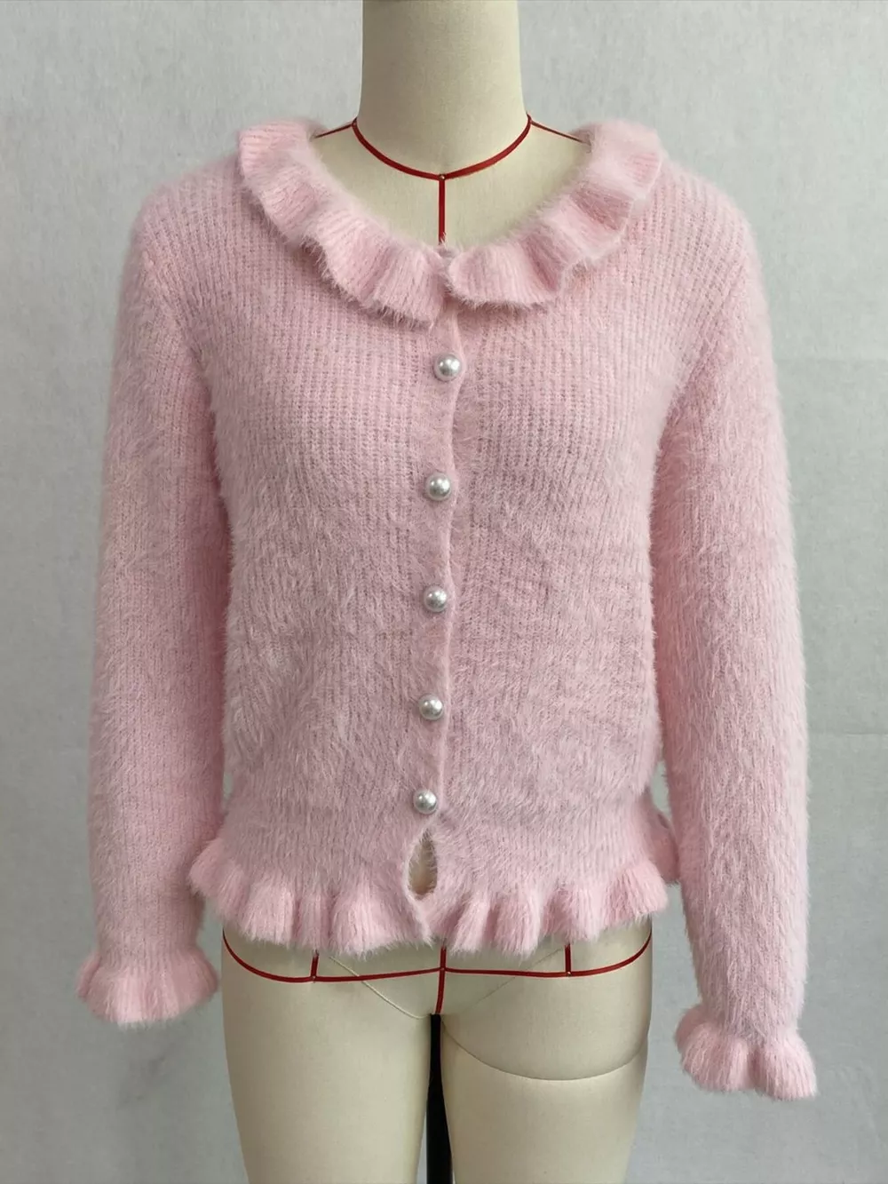 Soft Fuzzy Cardigan with Ruffled Collar and Pearl Buttons, image 4