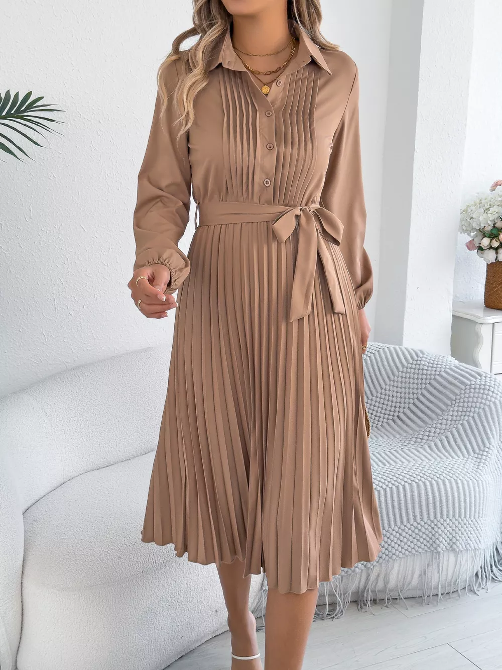 Pleated Tie Waist Balloon Sleeve Dress, image 10
