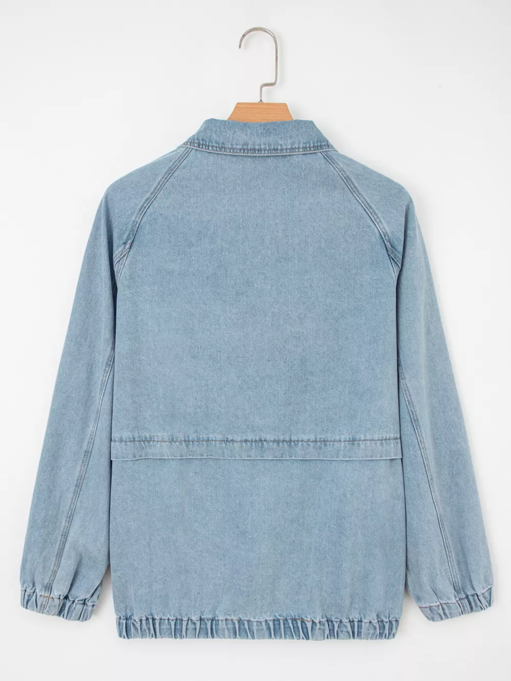 Elastic Edge Collared Zip Up Denim Jacket With Pocket, image 7
