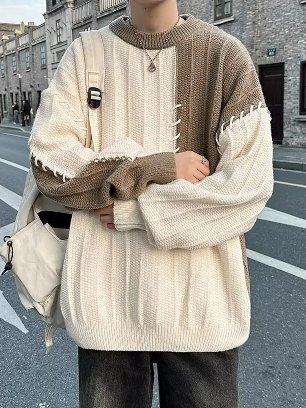 Men's Color Block Round Neck Knitted Pullover