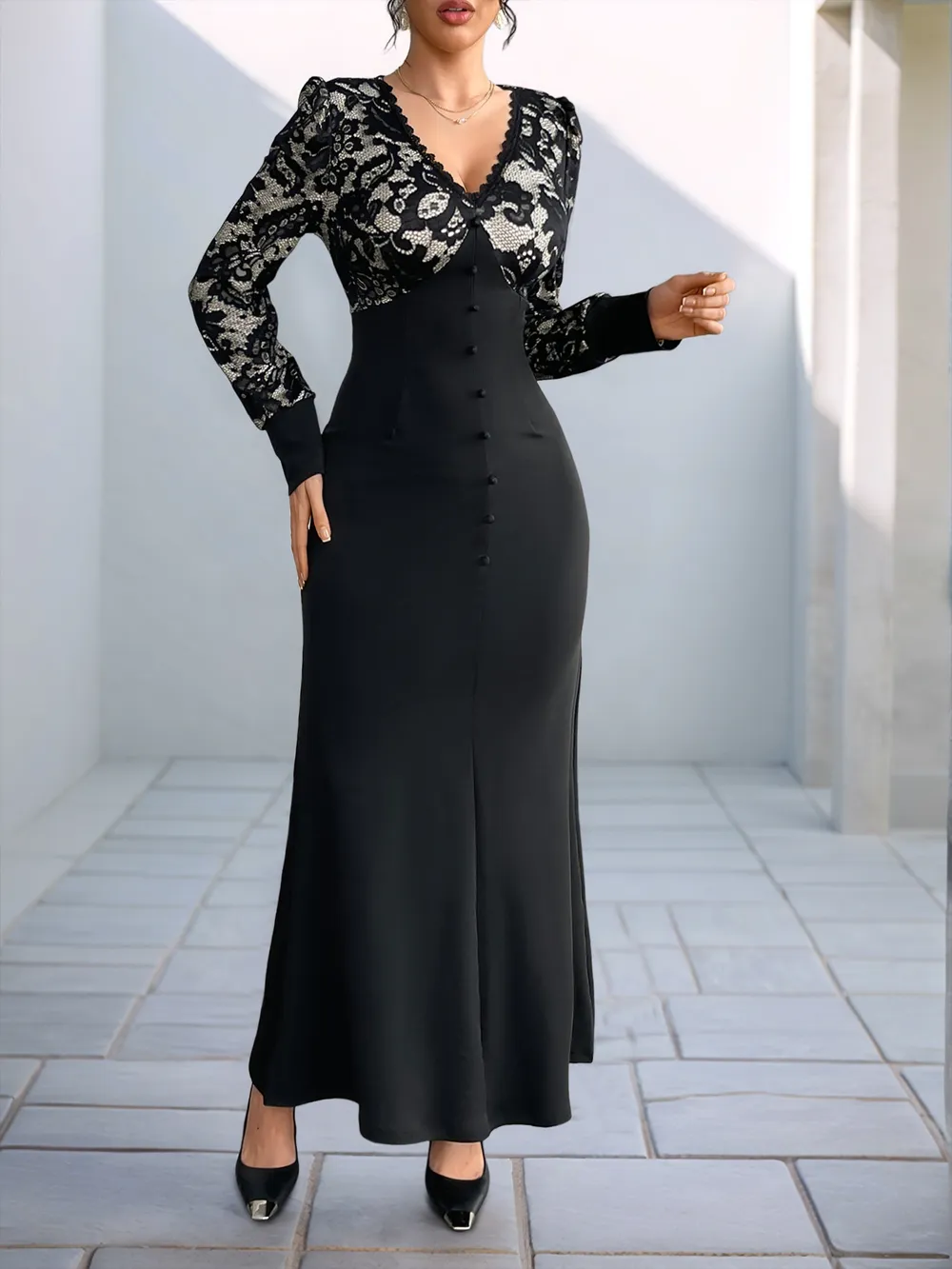 Lace V-Neck Long Sleeve Maxi Dress, image 6