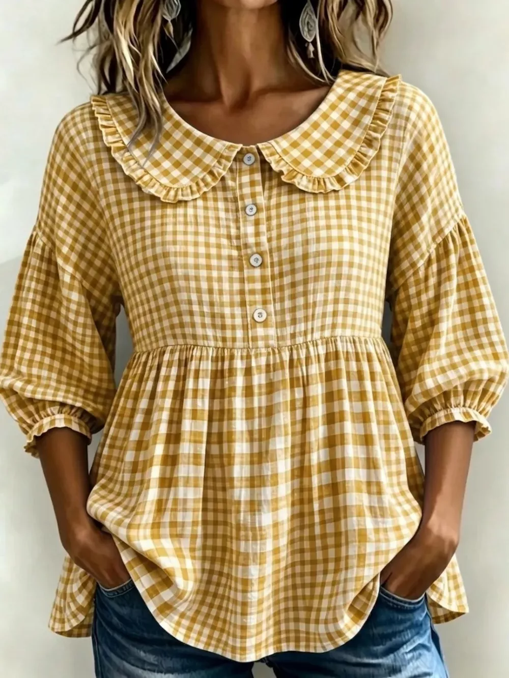 Full Size Gingham Peter Pan Collar Blouse Plus Size, image 10