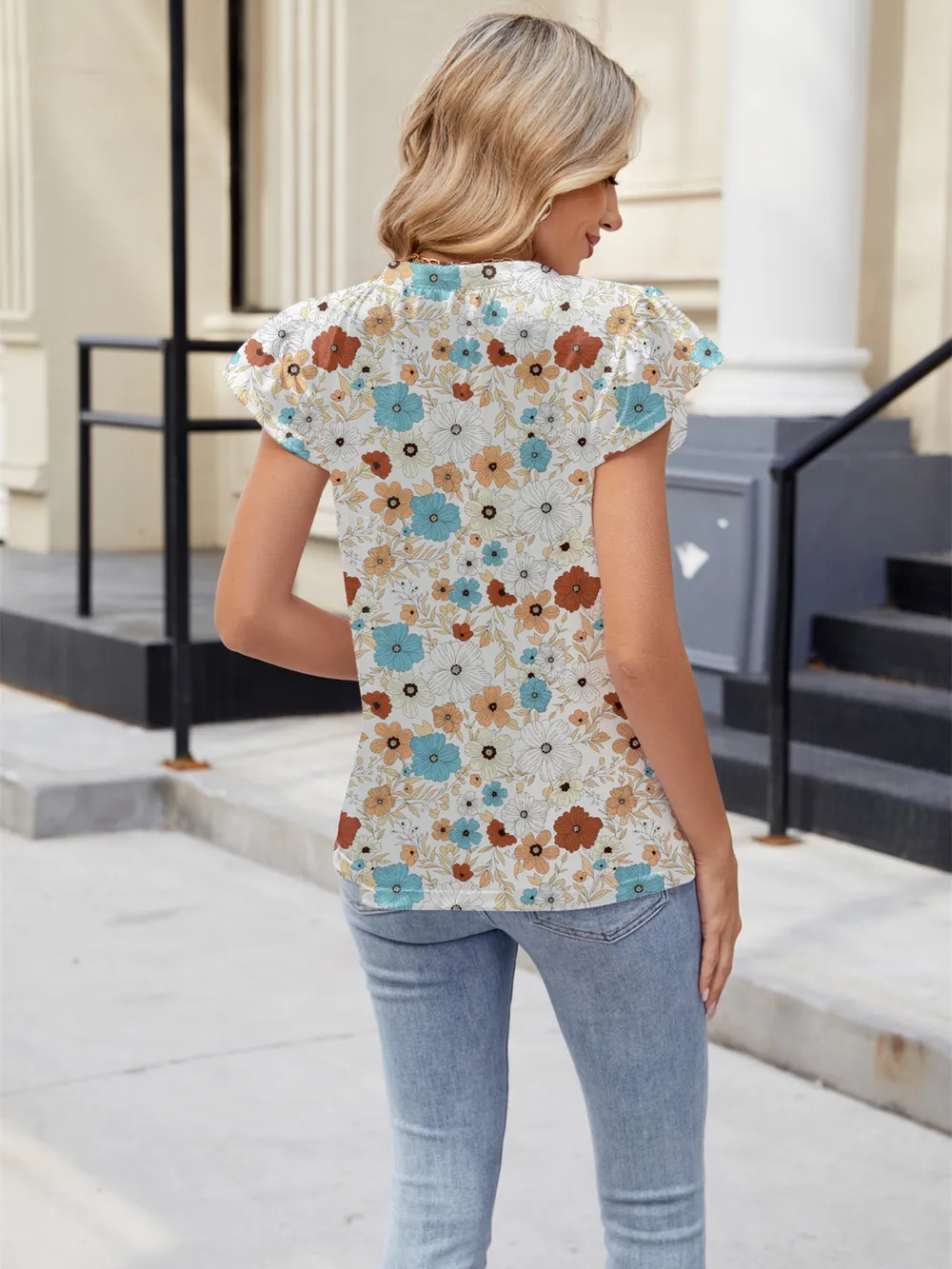 Floral Print V-Neck Cap Sleeve Casual Summer Blouse, image 5