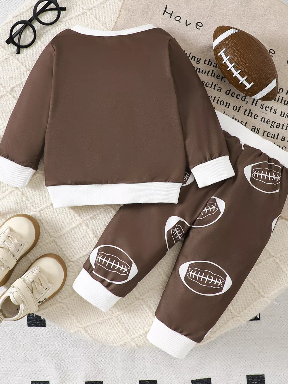Children's Football Print Round Neck Top & Pants Set, image 6