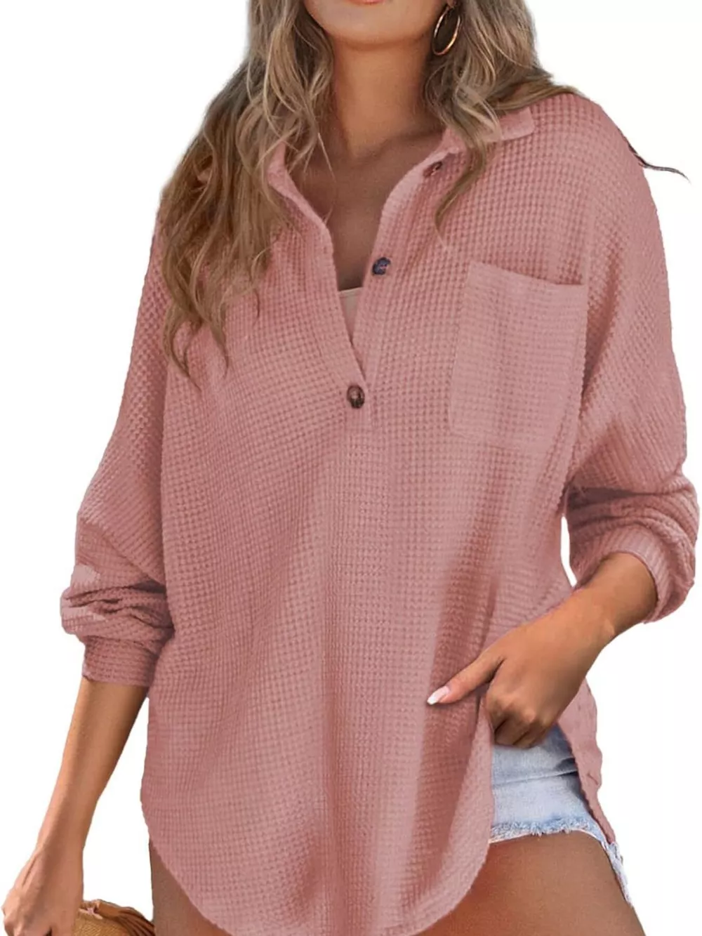 Waffle Knit Button Detail T-Shirt with Pocket, image 13