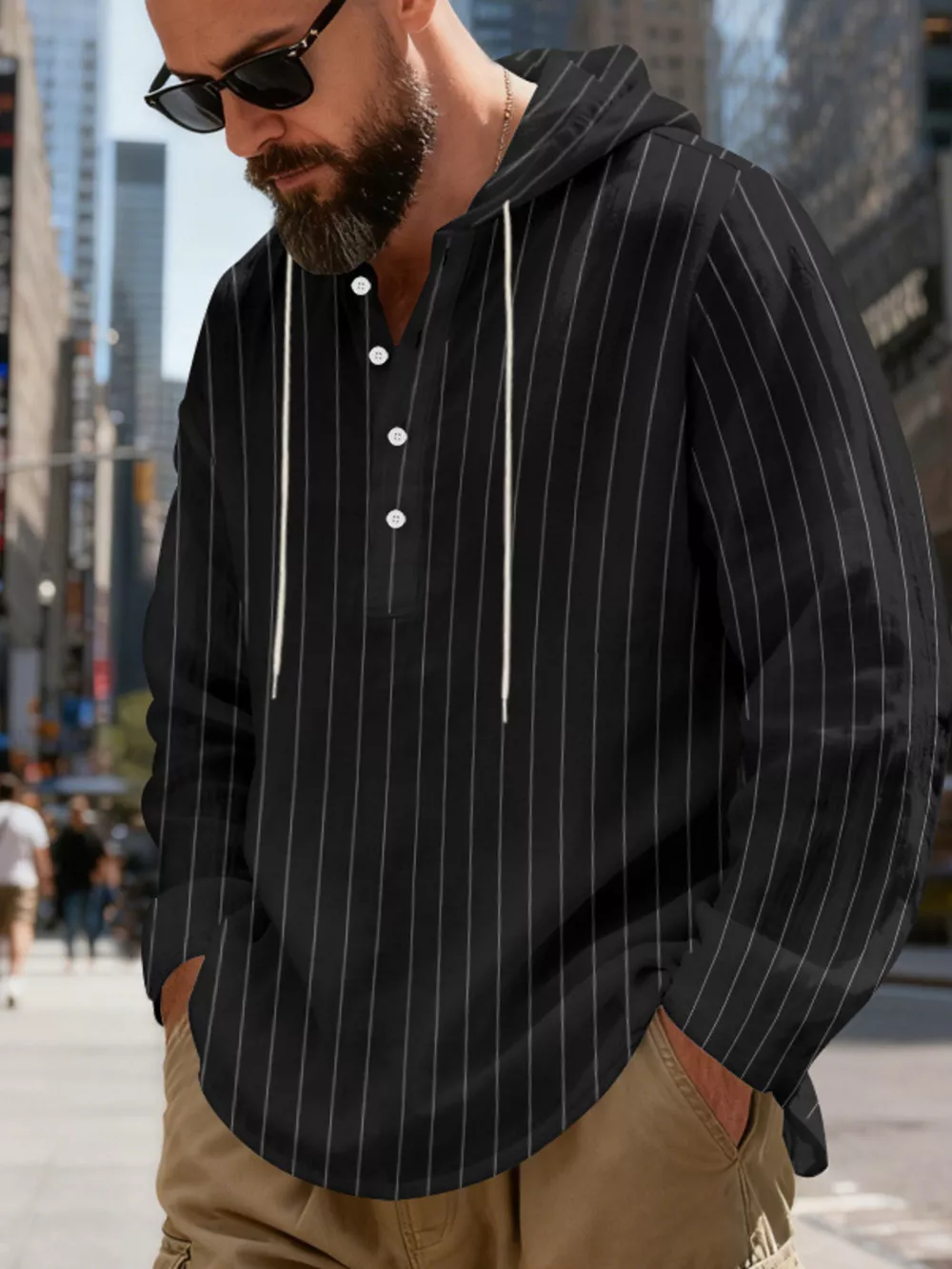 Men's Full Size Casual Striped Henley Hoodie with Drawstring Plus Size, image 12