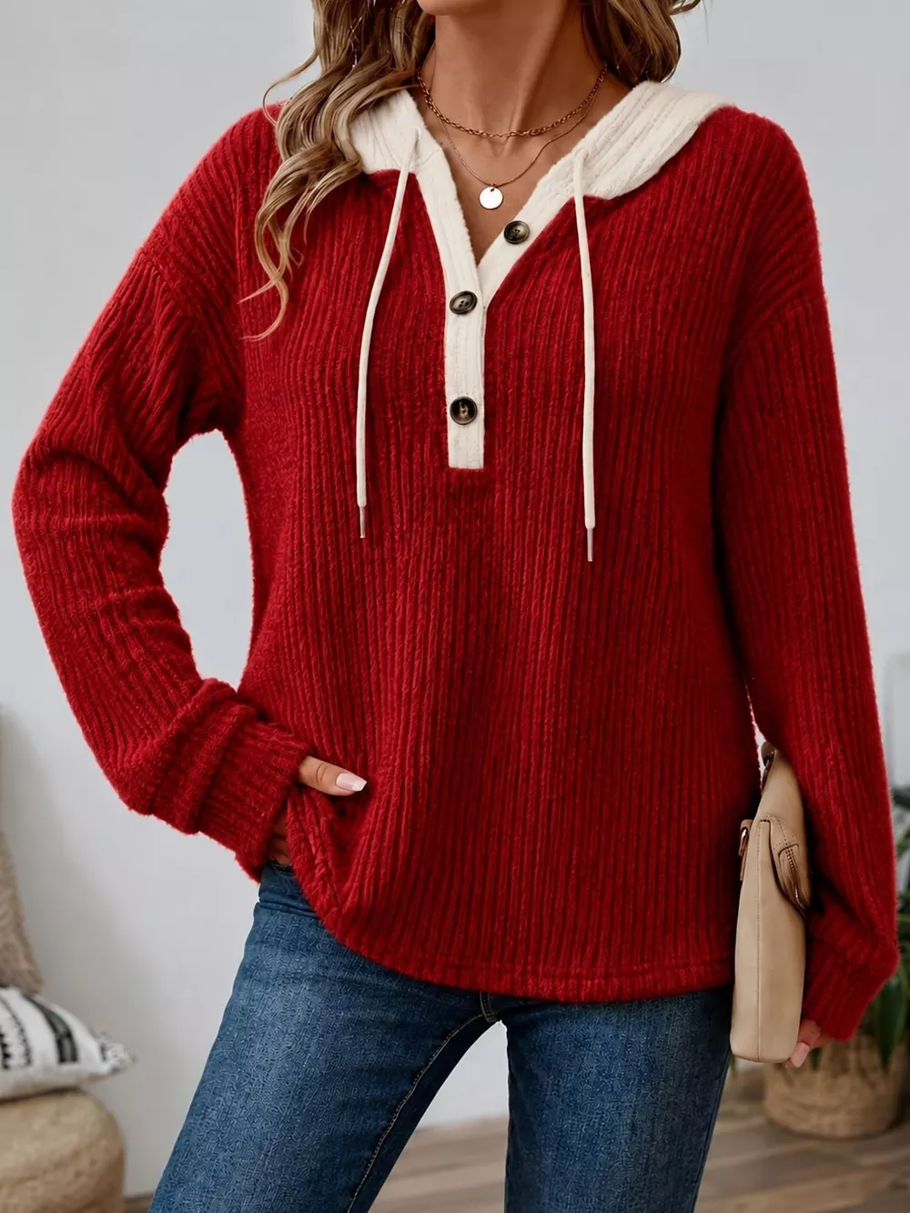 Full Size Drawstring Button Detail Hooded Sweater Plus Size, image 7