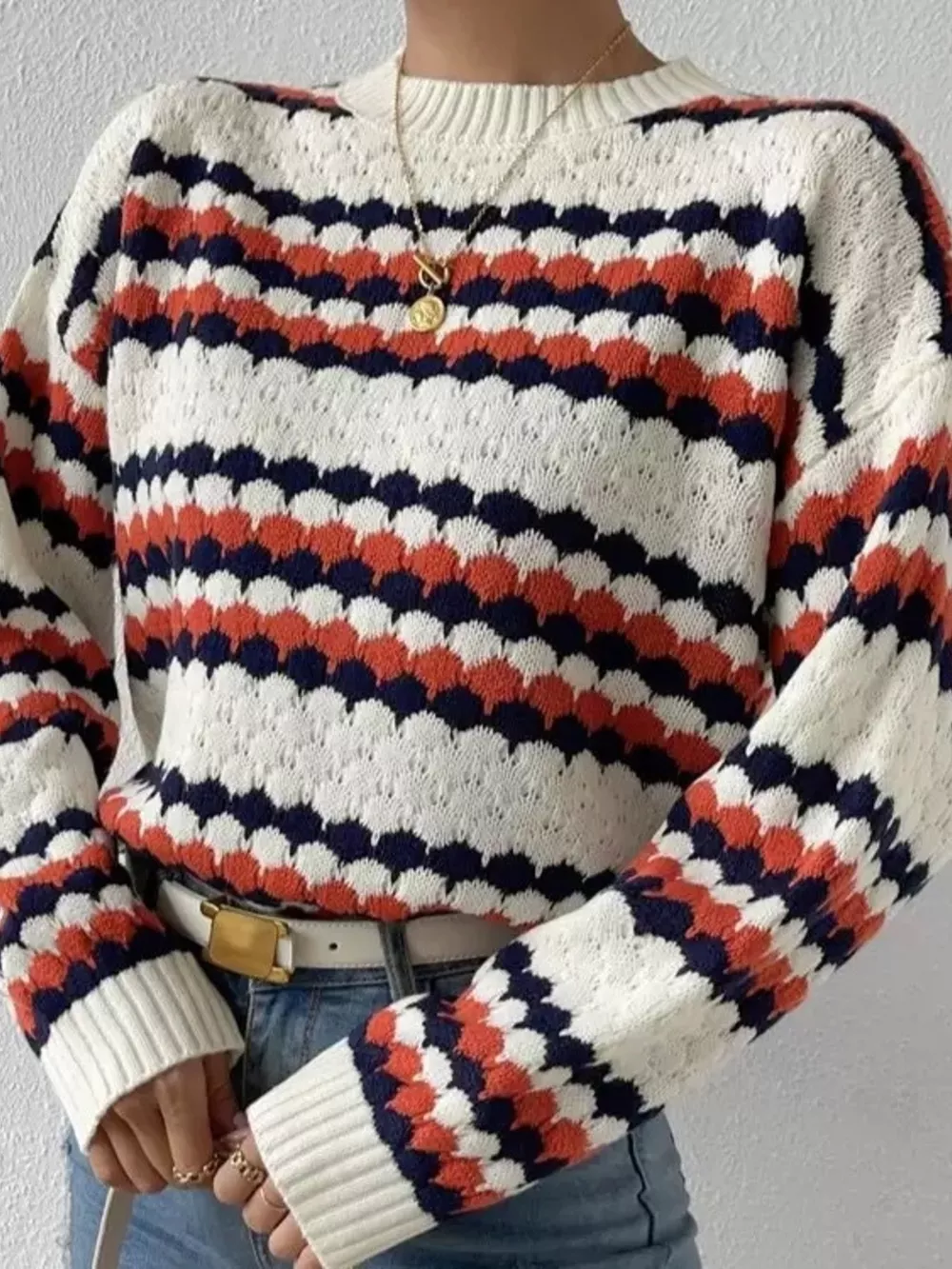 Striped Pattern Round Neck Sweater, image 6